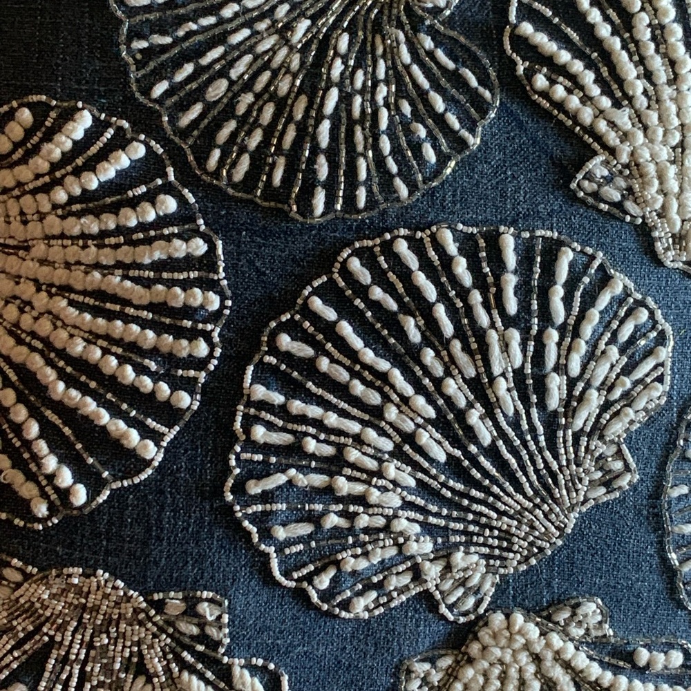 Beaded Shells Patterned Blue Background Throw Pillow with Cream Neutral Fringe